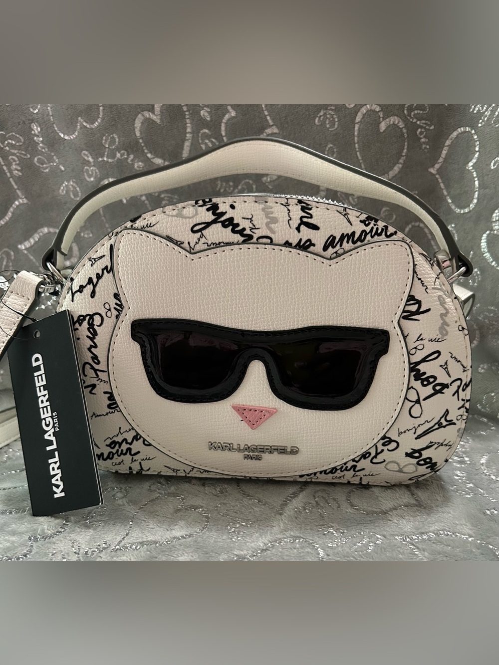 NWT Karl Lagerfeld, Mini, White, Crossbody Bag with Black Sunglasses & Pink Nose